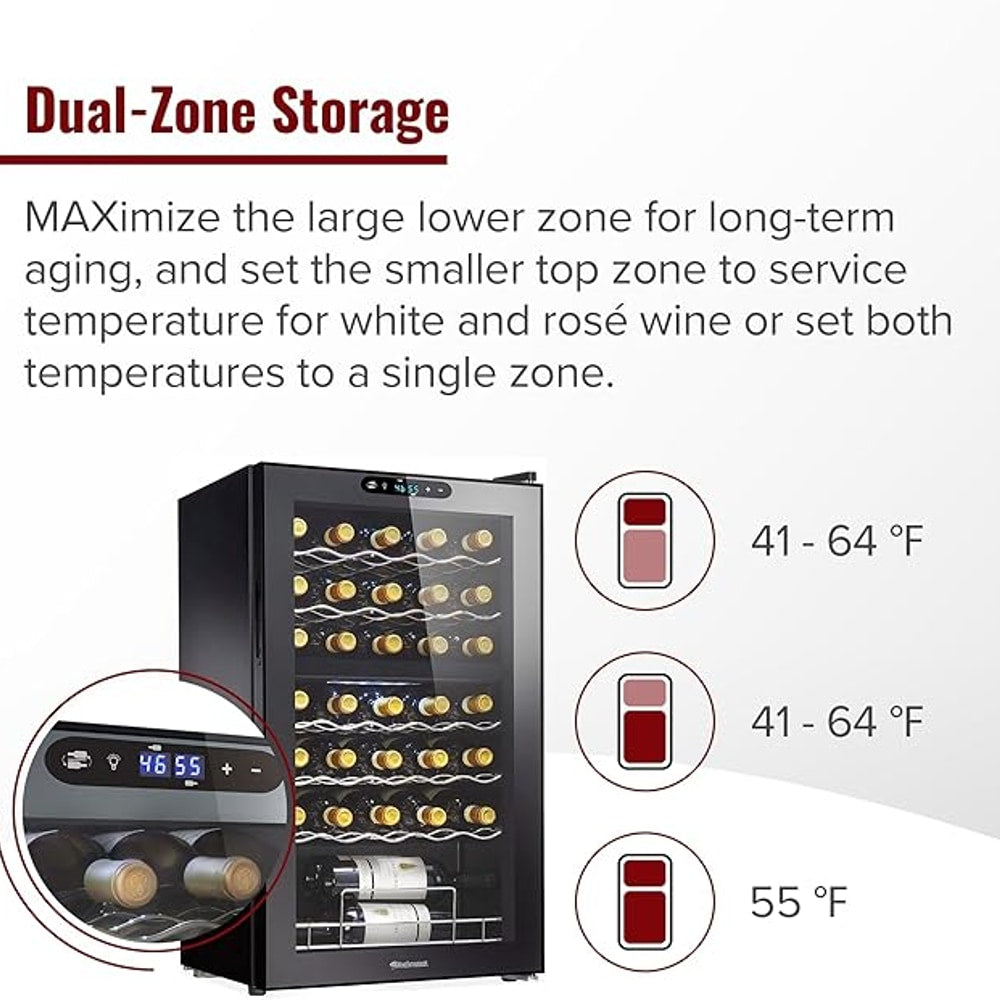 Wine Enthusiast 32-Bottle Dual Zone MAX Compressor Wine Cooler – Freestanding Mini Fridge with Digital Touchscreen, LED Display, Split Storage for Red & White Wines, Matte Black Refrigerator Home Bar