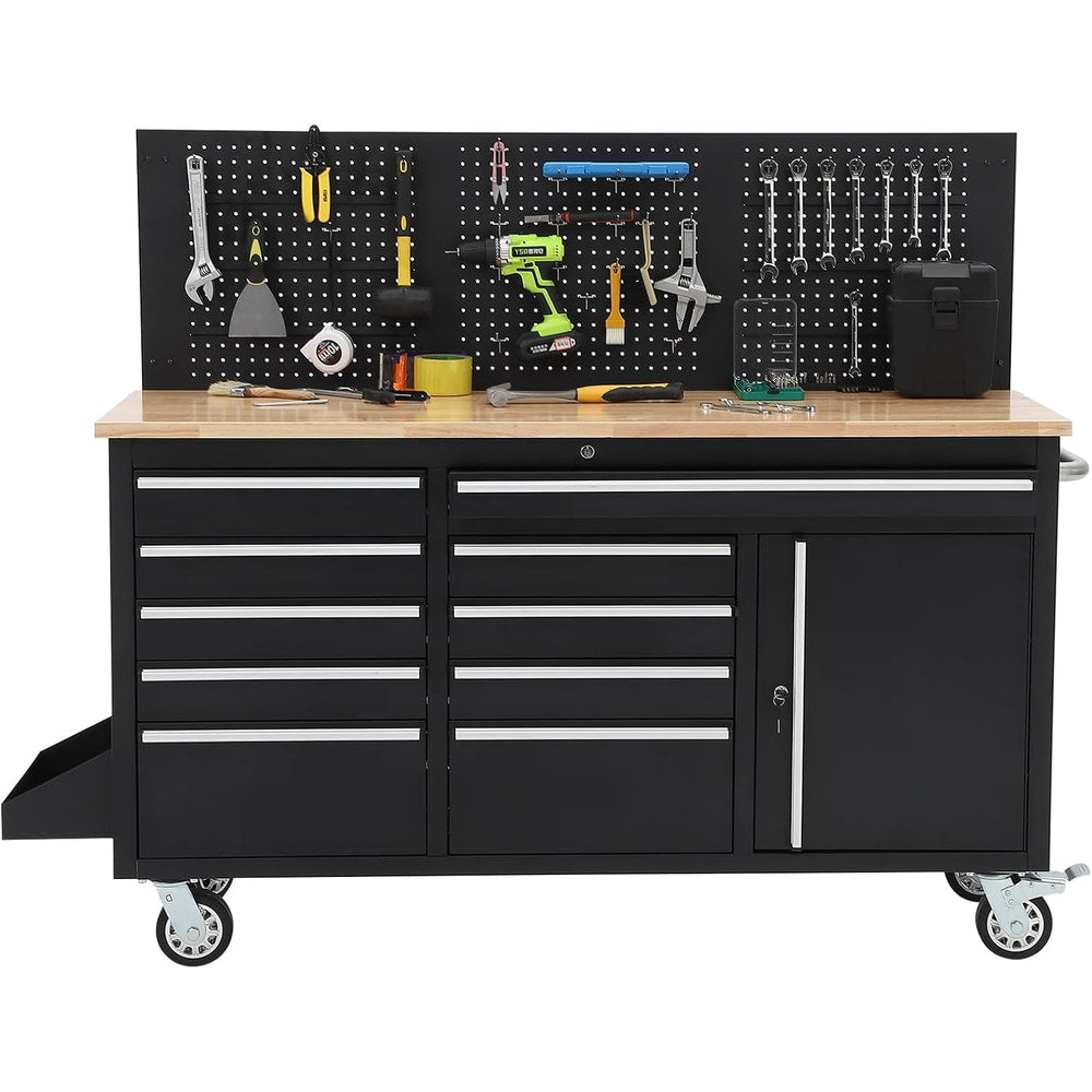Heavy Duty 61" Tool Chest Cabinet, Mobile Garage Workbench with 10 Drawers and Power Strip, Rubber Wood Worktop, 1675 LBS Load, Rolling Tool Storage Organizer for Mechanic, Shop or Home Use