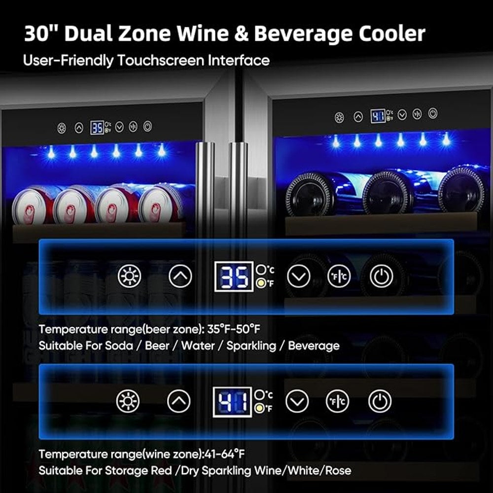 Wine and Beverage Refrigerator 30 Inch, Beverage Fridge Dual Zone with Upgraded Cooling, Wine Beverage Cooler Built-in or Freestanding, 30 Bottles and 110 Cans Large Capacity