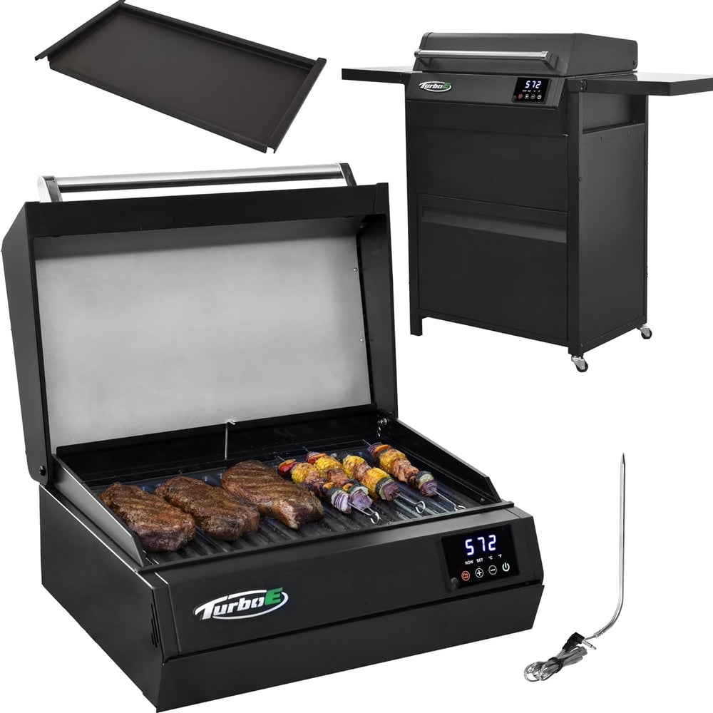 Turbo E Sport Outdoor Electric Grill by PLUGNGRILL | Exclusive Cart, Griddle Insert and Cover Included, Compact Design, Faster Preheat, Digital Temp Control | High-Power Infrared Outdoor BBQ & Searing