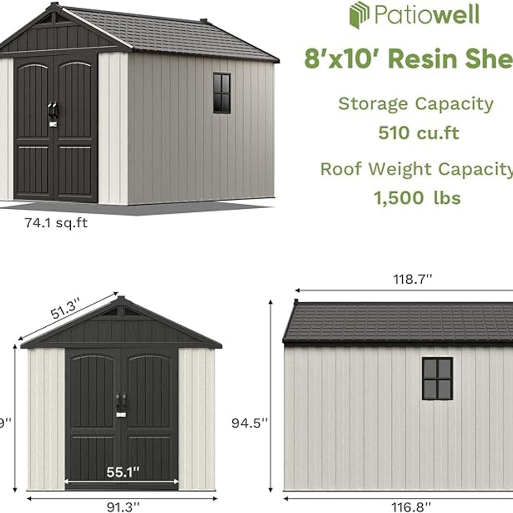 Patiowell 8 x 10 FT Resin Outdoor Storage Shed with Floor, Plastic Shed with Window and Lockable Door for Garden, Backyard, Tool Storage Use, Easy to Install in Beige (Kick-it Shed)