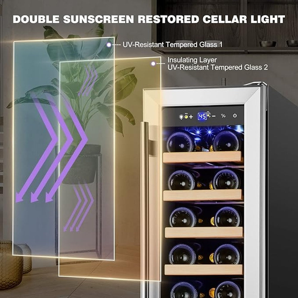 Tylza 12" Wine Cooler Refrigerator, 18 Bottle Wine Fridge Built-in or Freestanding with Stainless Steel & Double-Layer Tempered Glass Door, Compressor Fast Cooling, Low Noise and No Fog, Mini Fridge