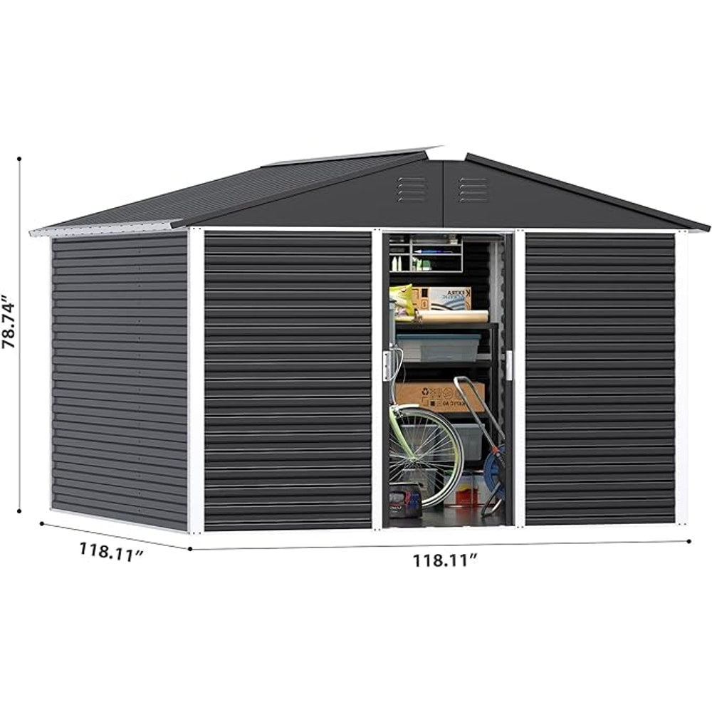 Metal Outdoor Storage Shed 10FT x 10FT, Steel Utility Tool Shed Storage House with Sliding Door, Metal Sheds Outdoor Storage for Backyard Garden Patio Lawn, Black