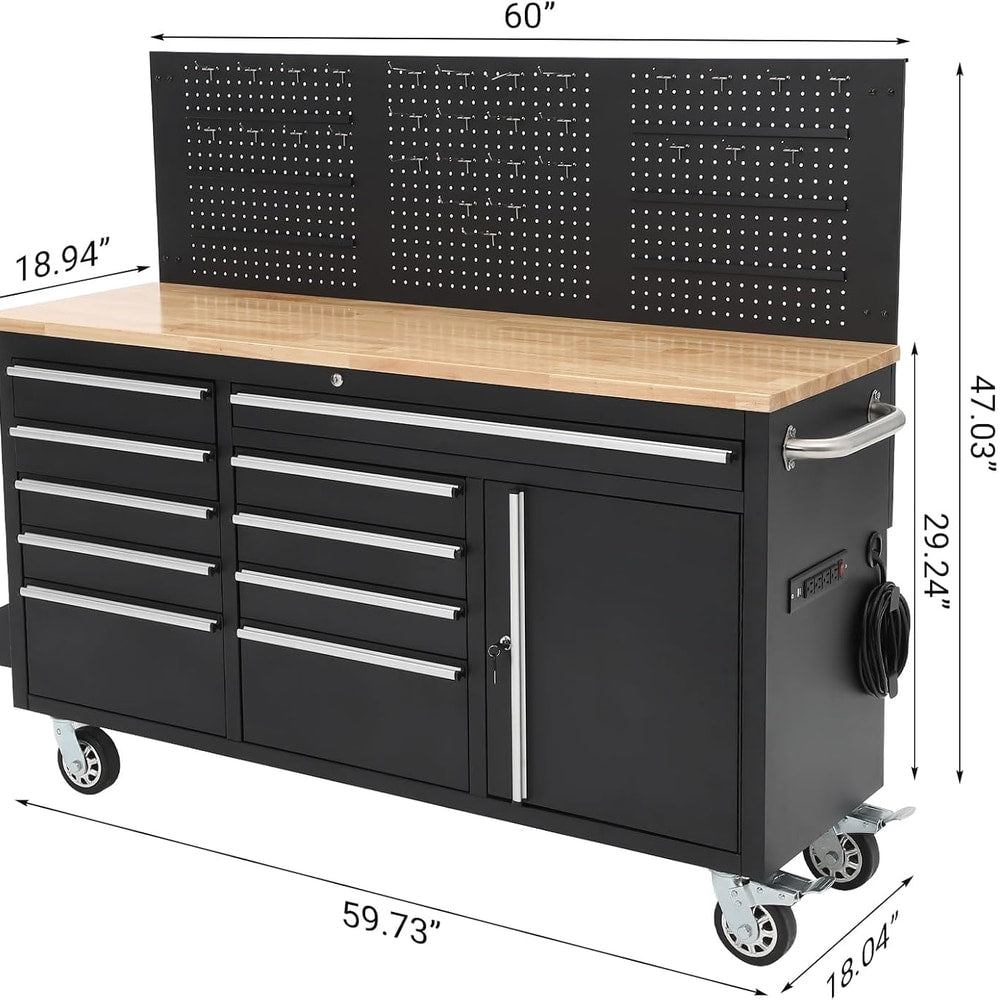 Heavy Duty 61" Tool Chest Cabinet, Mobile Garage Workbench with 10 Drawers and Power Strip, Rubber Wood Worktop, 1675 LBS Load, Rolling Tool Storage Organizer for Mechanic, Shop or Home Use