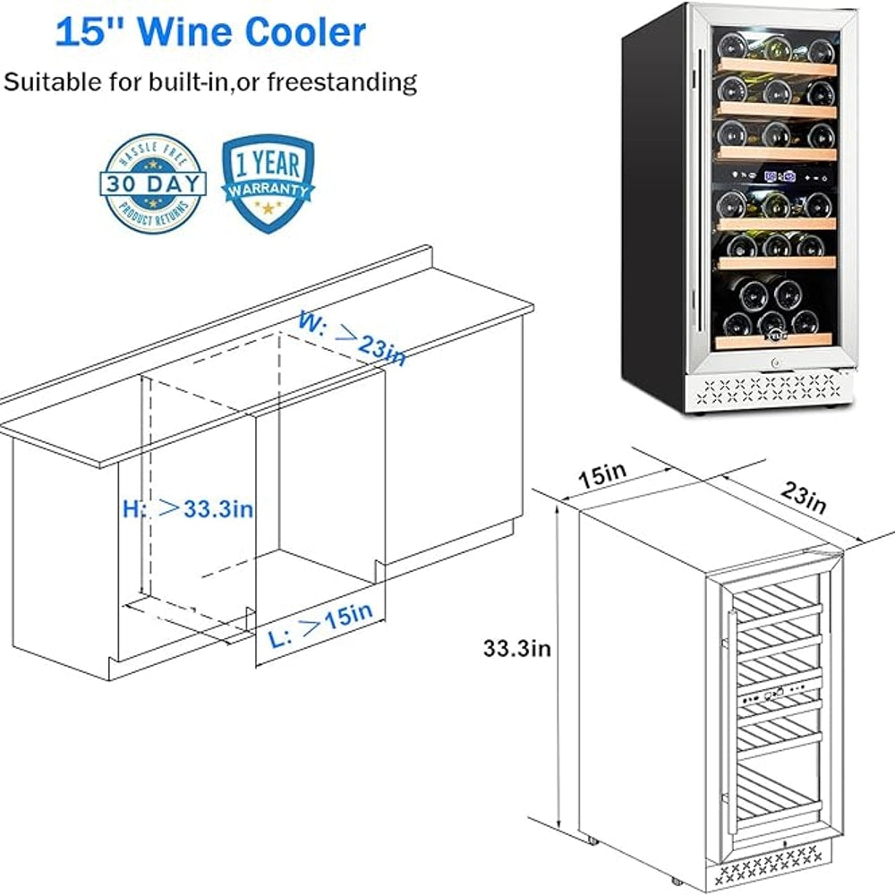 Tylza Mini Fridge 15 Inch Wine Cooler Under Counter, 33 Bottle Dual Zone Wine Fridge with Stainless Steel, Wine Refrigerator Freestanding, Built-in Wine Cellars
