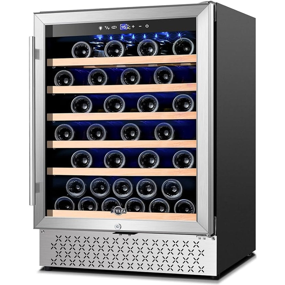 Tylza 24 Inch Wine Cooler Refrigerator, 51 Bottle Built-in or Freestanding, 24'' Fridge with Stainless Steel & Double Layer Tempered Glass Door and Temperature Memory Function