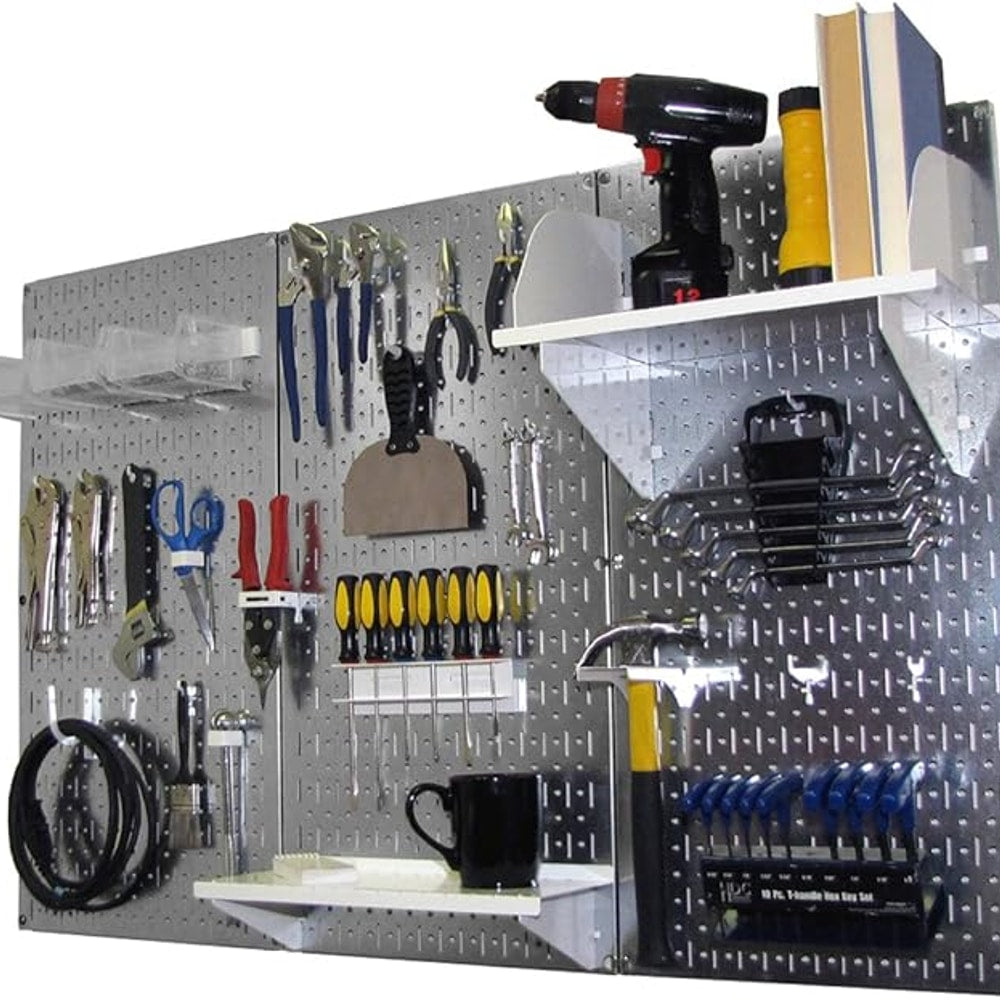 Wall Control Pegboard Organizer 4 ft. Metal Pegboard Standard Tool Storage Kit with Galvanized Toolboard and White Accessories
