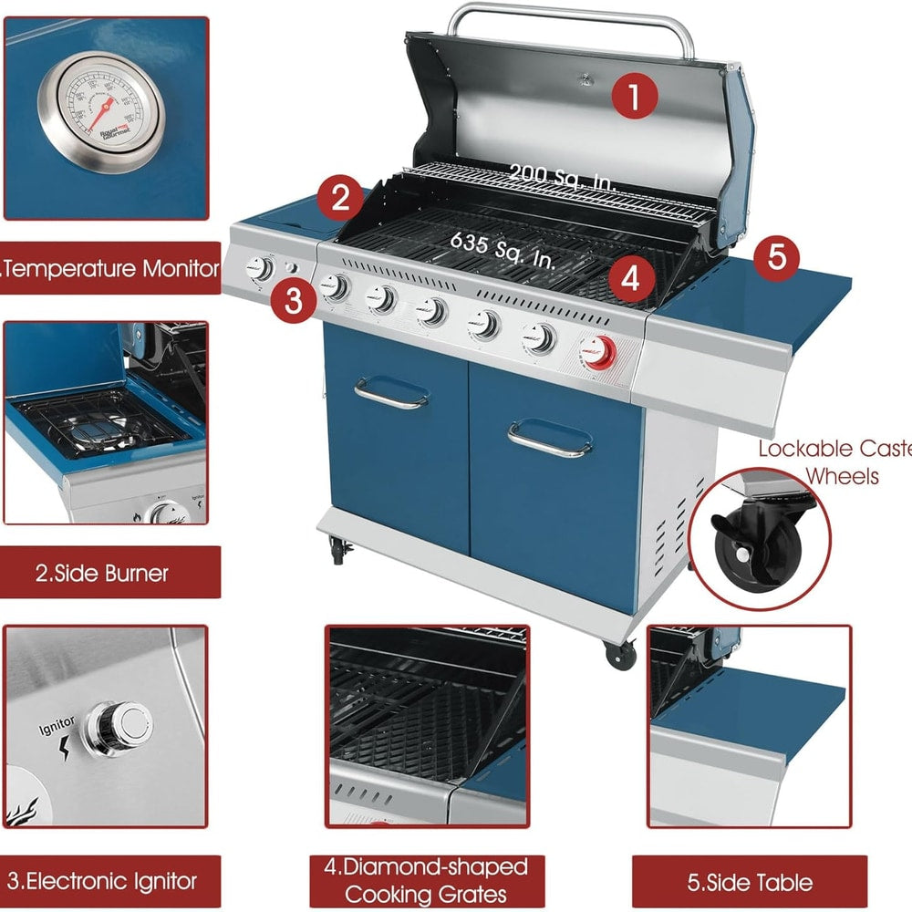 Royal Gourmet GA6402B 6 Burner Propane Gas Grill with Side Burner and Warming Rack, 74,000 BTUs, Cabinet Style Gas BBQ Grill for Barbecue Grilling & Backyard Cooking, Blue