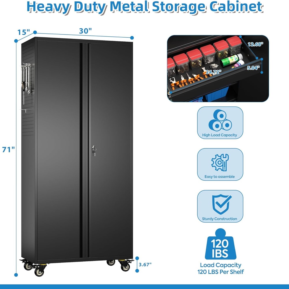 71" H Metal Garage Storage Cabinet with Locking Doors and 2 Adjustable Shelves, Rolling Tool Storage Cabinet with Wheels, Drawer, Pegboard and 16 Hooks for Garage, Warehouse, Black