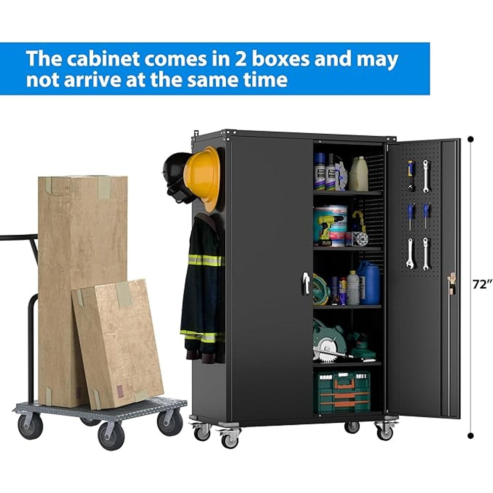 Upgraded Wide & Deep Extra Large Metal Storage Cabinet on Wheels,Lockable Garage Cabinets with 3 Pegboards,2 Tool Pouches for Garage,Office,Assembly Required,Black,43.3''W x 21.6''D x 72''H