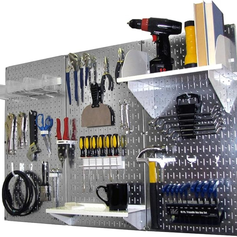 Wall Control Pegboard Organizer 4 ft. Metal Pegboard Standard Tool Storage Kit with Galvanized Toolboard and White Accessories