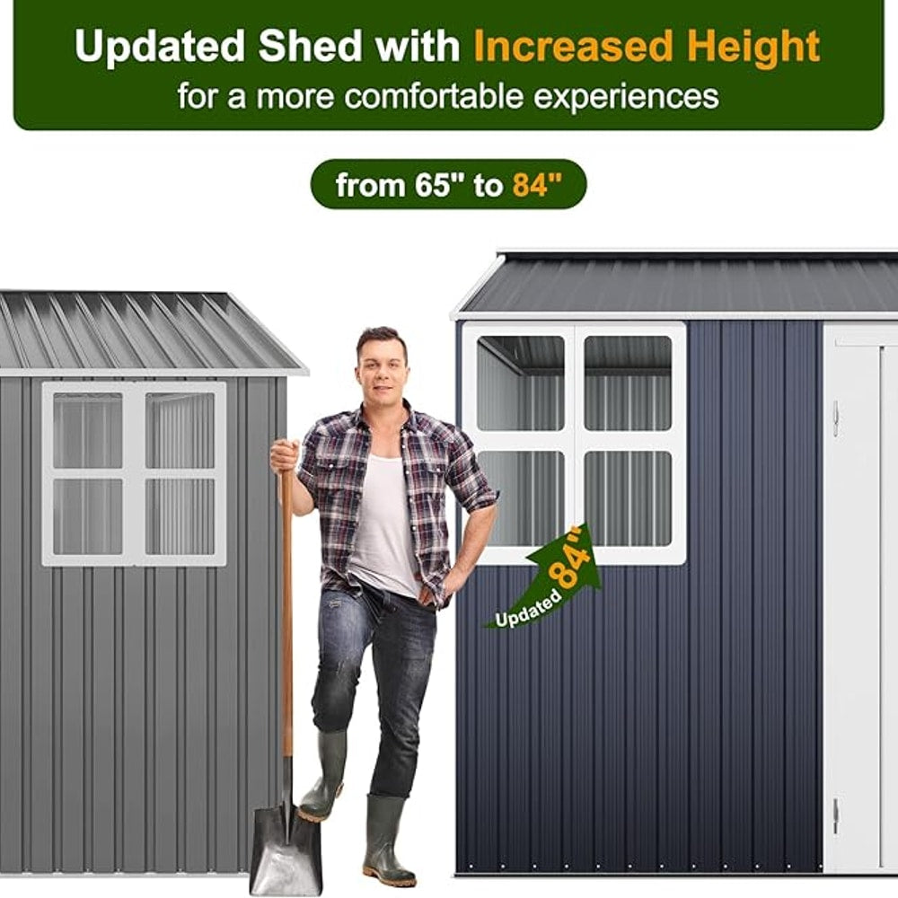 12x10 FT Metal Sheds & Outdoor Storage: Heavy Duty Garden Sheds with Dual Transparent Panels, 2x4-Pane Windows & Hinged Double Doors, Weatherproof Tool Shed for Backyard, Garden, Patio, Grey/White