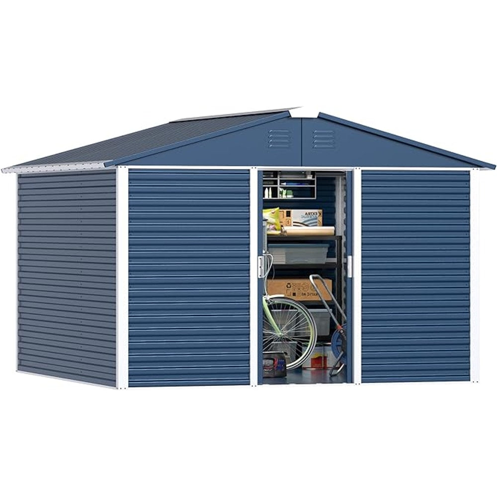 Metal Outdoor Storage Shed 10FT x 10FT, Steel Utility Tool Shed Storage House with Sliding Door, Metal Sheds Outdoor Storage for Backyard Garden Patio Lawn, Blue