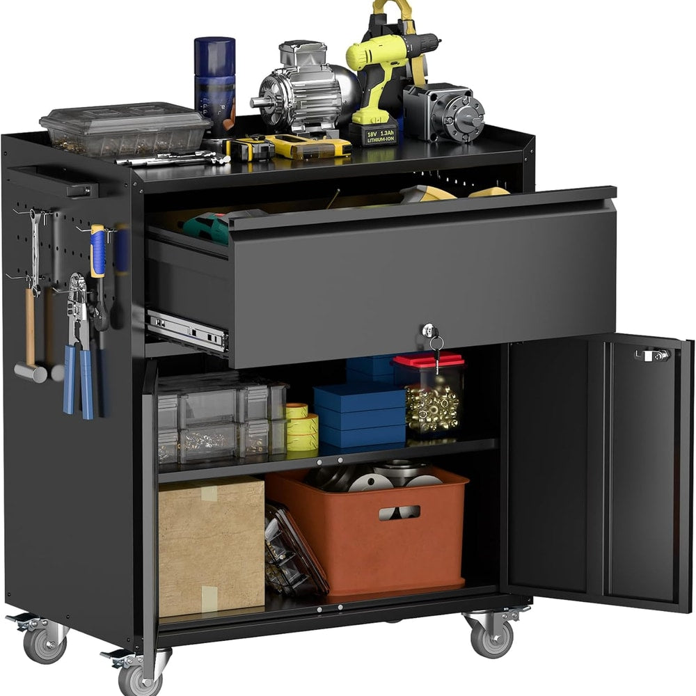 Metal Garage Storage Cabinet with Wheels and Pegboard, 35.4" H Lockable Tool Storage Cabinet with One Drawer, Adjustable Shelf and 4 Hooks for Garage, Warehouse, Black