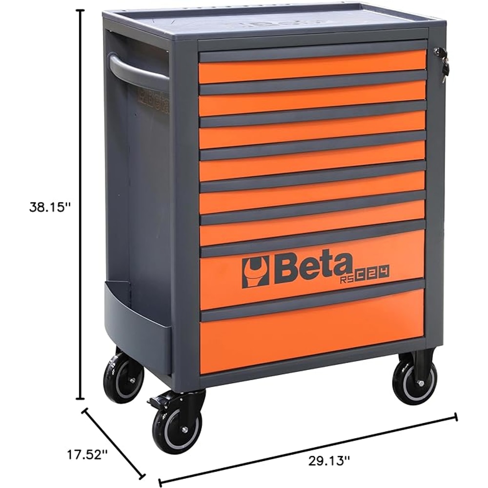 Beta RSC24 Heavy Duty Rolling Tool Cabinet, 8 Drawers, Orange, Ball Bearing Slides, Rubber Mat Liners, 5" Casters, Anti-Fall Edge Worktop, 1760 lbs Load Capacity, Made in Italy