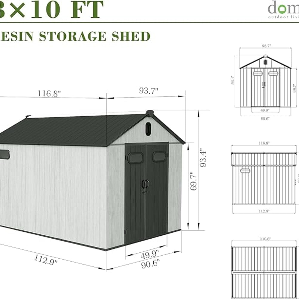 Domi 8x10FT Outdoor Resin Storage Shed with Transparent Windows & Louvered Vents, Plastic Tool Shed with Double Lockable Doors & Gable Roof, Outside Garden Shed for Backyard, Patio, Lawn, Grey