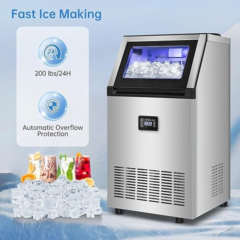 Ice Maker Commercial Ice Machine 200 lbs /24H, 33 lbs Large Storage Capacity Bin, Under Counter or Freestanding Ice Cube Makers Stainless Steel for Restaurant Bar Cafe