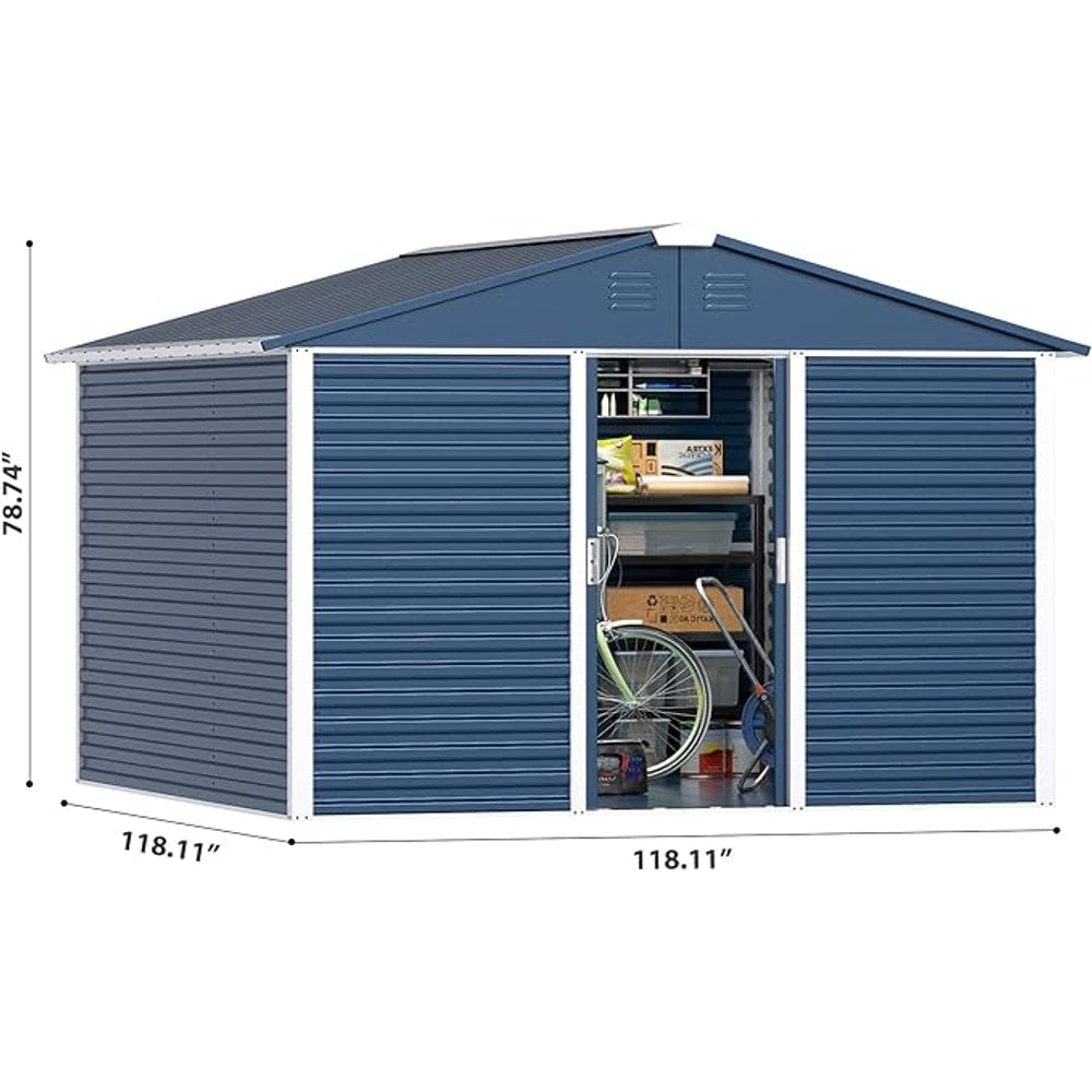 Metal Outdoor Storage Shed 10FT x 10FT, Steel Utility Tool Shed Storage House with Sliding Door, Metal Sheds Outdoor Storage for Backyard Garden Patio Lawn, Blue