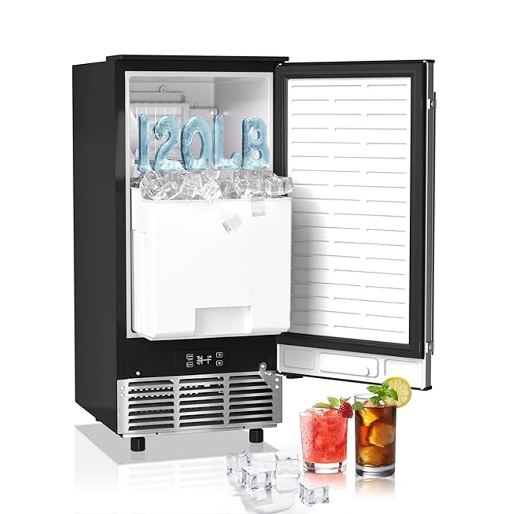 Commercial Ice Maker Machine Reversible Door 120LBS/Day, Undercounter Ice Makers 30LBS Storage Bin and 40 Ice Cubes, Icemaker Machine Brushed Metal with Water Line, Ice Scoop