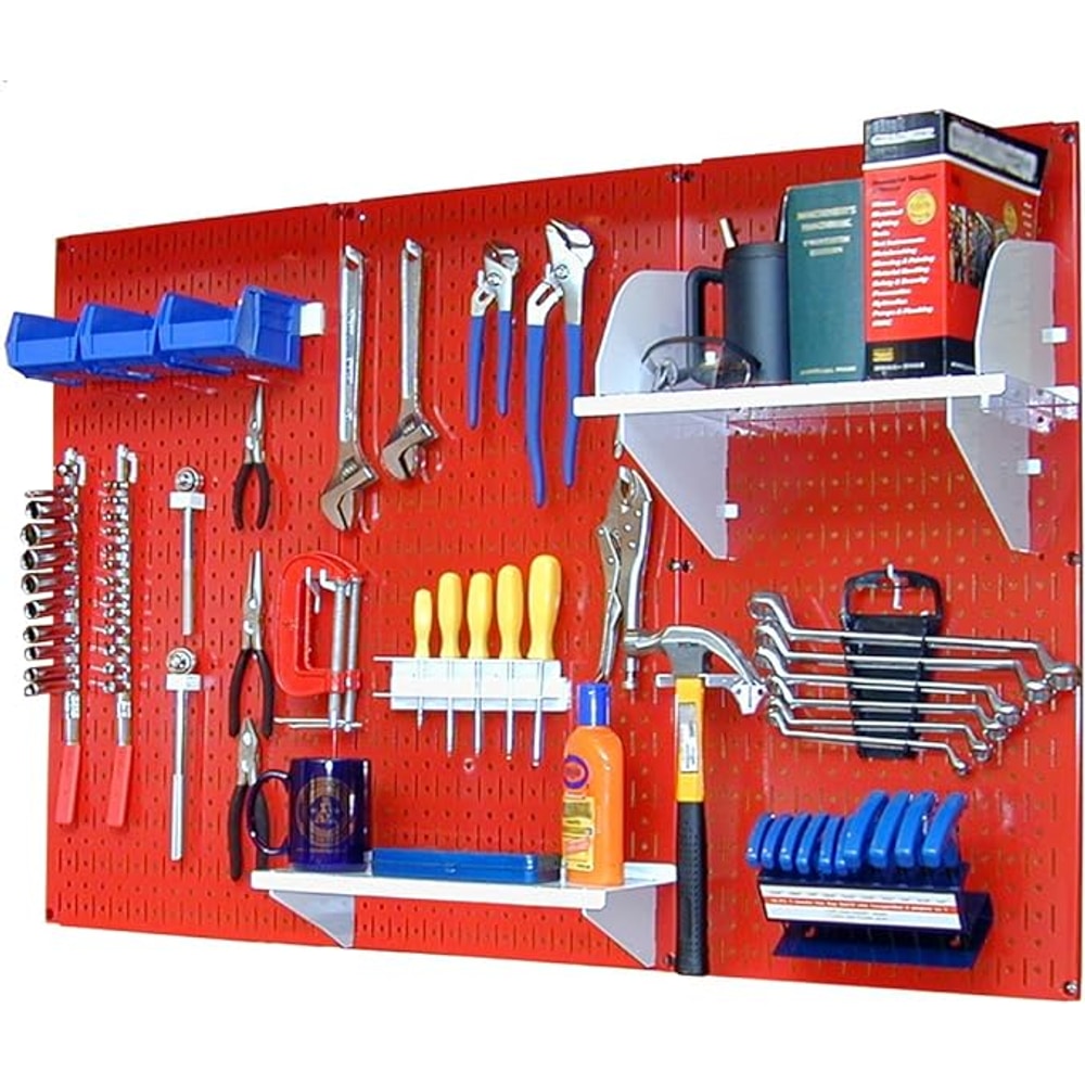 Wall Control 4 ft Metal Pegboard Standard Tool Storage Kit with Red Toolboard and White Accessories