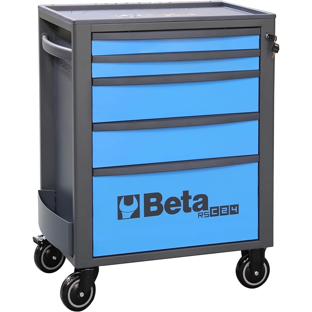 Beta RSC24 Heavy Duty Rolling Tool Cabinet, 5 Drawers, Blue, Ball Bearing Slides, Rubber Mat Liners, 5" Casters, Anti-Fall Edge Worktop, 1760 lbs Load Capacity, Made in Italy