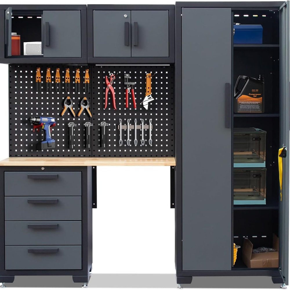7-Pcs Garage Storage Cabinet System - Workshop Set With Steel Drawers, Workbench, Pegboard for Tool Organization