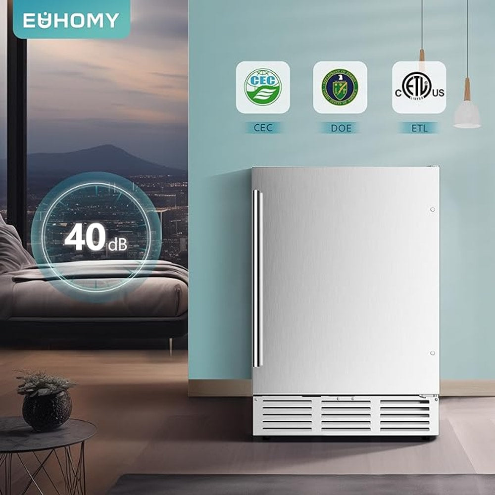 EUHOMY 24 Inch Beverage Refrigerator, Built-in and Freestanding Beverage Cooler 180 Can, Under Counter Beverage Fridge with Stainless Steel Door, Outdoor Refrigerator for Soda, Beer, Wine