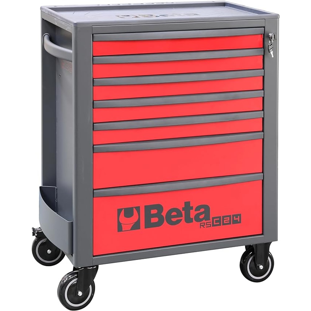 Beta RSC24 Heavy Duty Rolling Tool Cabinet, 7 Drawers, Red, Ball Bearing Slides, Rubber Mat Liners, 5" Casters, Anti-Fall Edge Worktop, 1760 lbs Load Capacity, Made in Italy