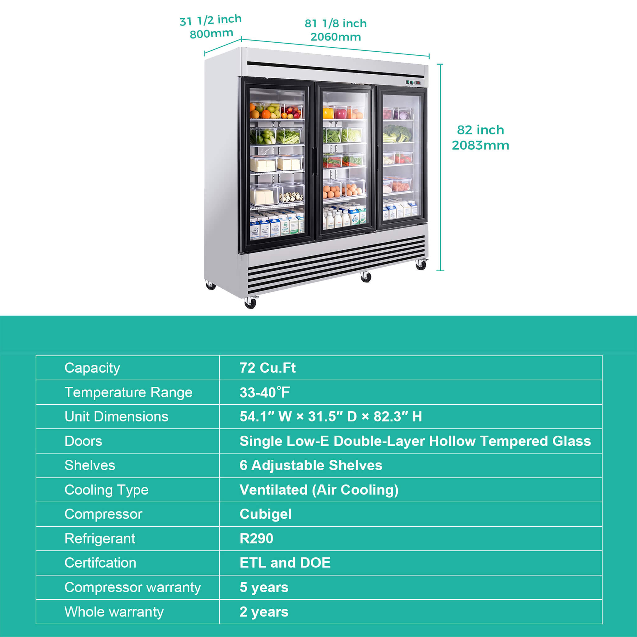 72 Cu.Ft Triple-Door Stainless Steel Commercial Reach-In Display Refrigerator