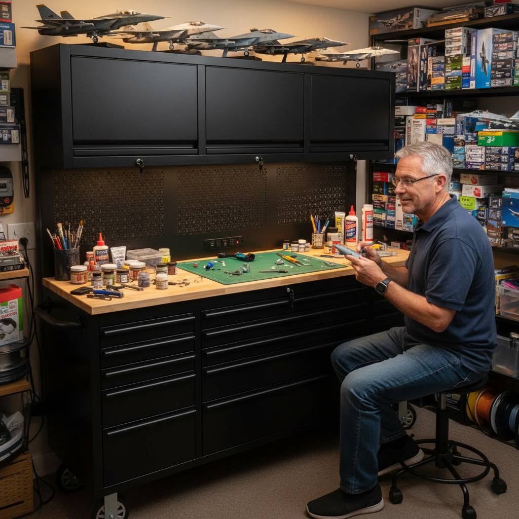 72" Rolling Tool Chest with Power Strip, Workbench, Upper Cabinets & Pegboard