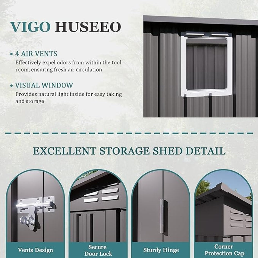 4 * 9.2 FT Outdoor Storage Shed, Galvanized Steel Garden Shed with Lockable Door & Window, Waterproof Metal Tool Storage for Garden, Backyard, Patio, Lawn(Gray)