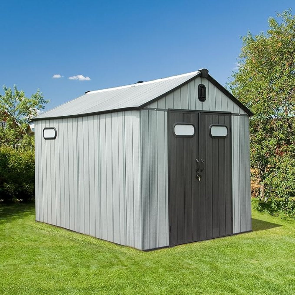 Domi 8x10 FT Outdoor Resin Storage Shed, All-Weather Double-Wall Garden Shed for Backyard, Lawn Tools, Bike, Mower & Pool Equipment with Lockable Doors, Ventilated Roof, Grey