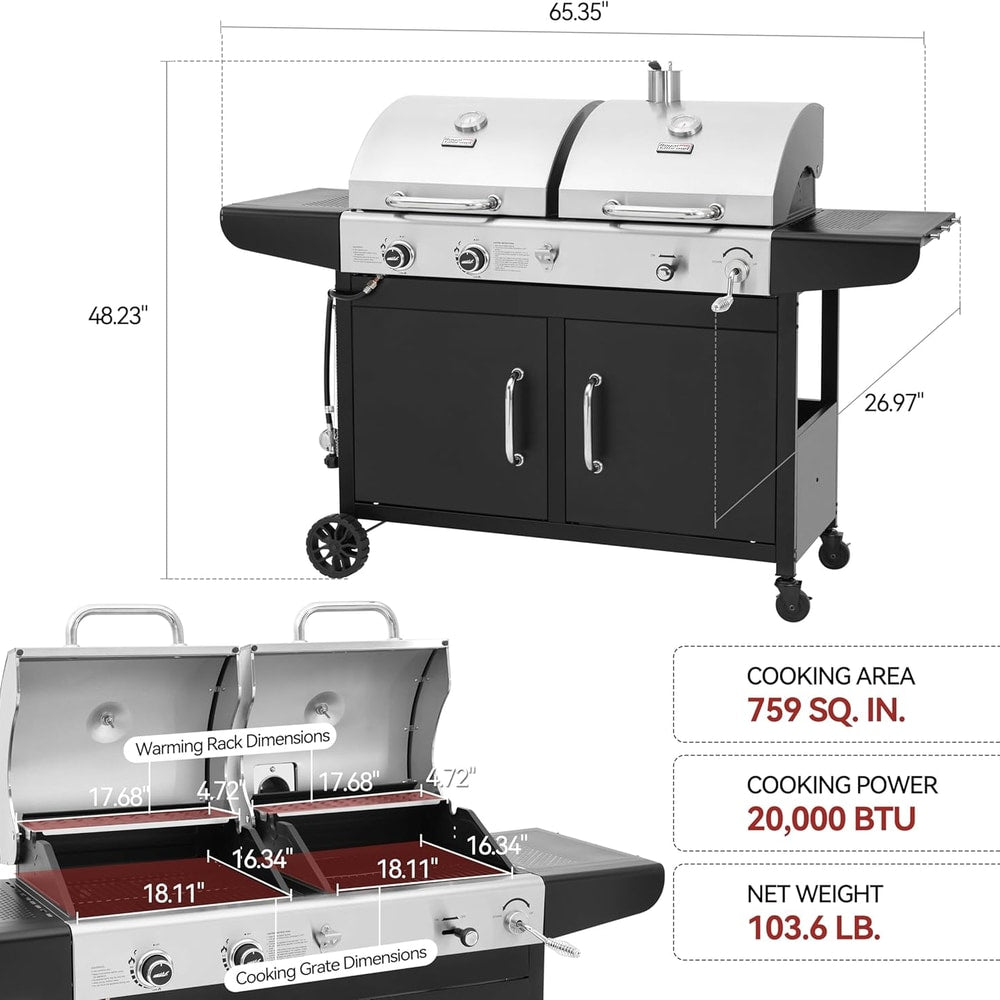 Royal Gourmet ZH3002N Propane Gas and Charcoal Grill Combo, Dual Fuel BBQ Grill with 2 Side Shelves for Outdoor Patio Garden Backyard Barbecue, 20,000 BTUs, Silver & Black