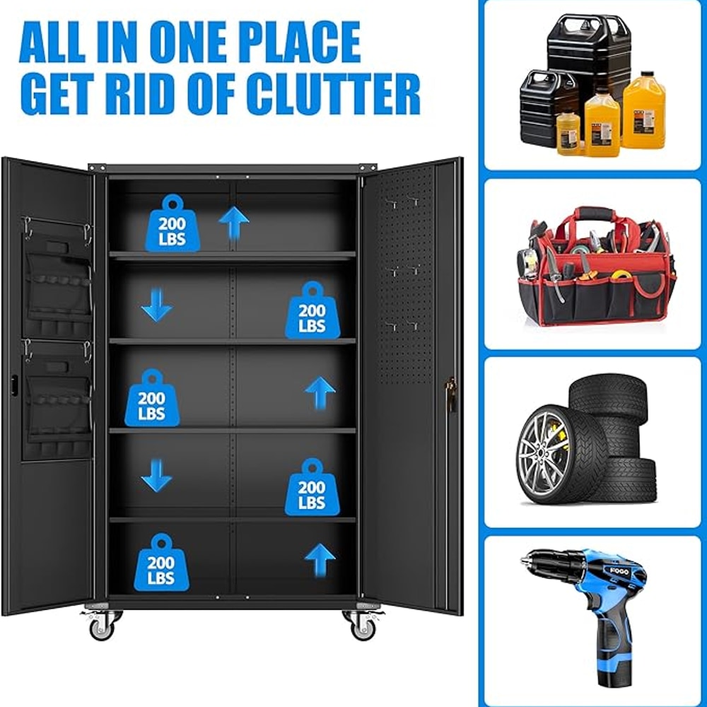 Upgraded Wide & Deep Extra Large Metal Storage Cabinet on Wheels,Lockable Garage Cabinets with 3 Pegboards,2 Tool Pouches for Garage,Office,Assembly Required,Black,43.3''W x 21.6''D x 72''H