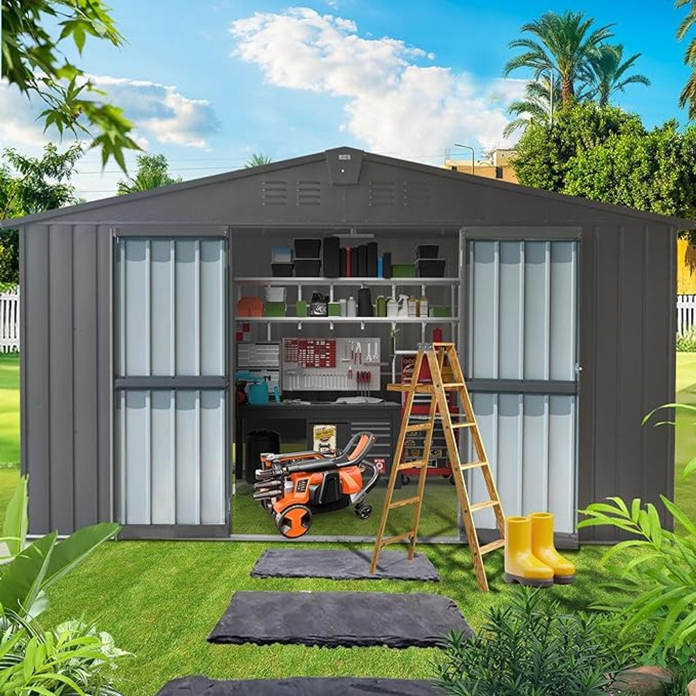 Domi Outdoor Storage Shed 11’ x 9’, Metal Sheds with Galvanized Steel Frame & Windows & Lockable Door, Garden Shed Tool Storage Room for Patio, Grey