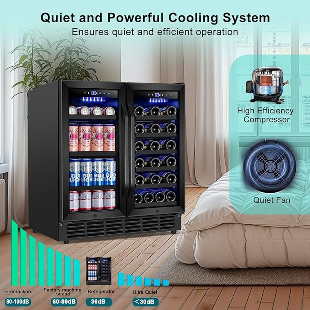 30 Inch Wine and Beverage Refrigerator, Upgrade Dual Zone Wine Cooler, 30'' Wine beverage Fridge Built in or Freestanding Under Counter Large Capacity Glass Door Advanced Cooling System,Black