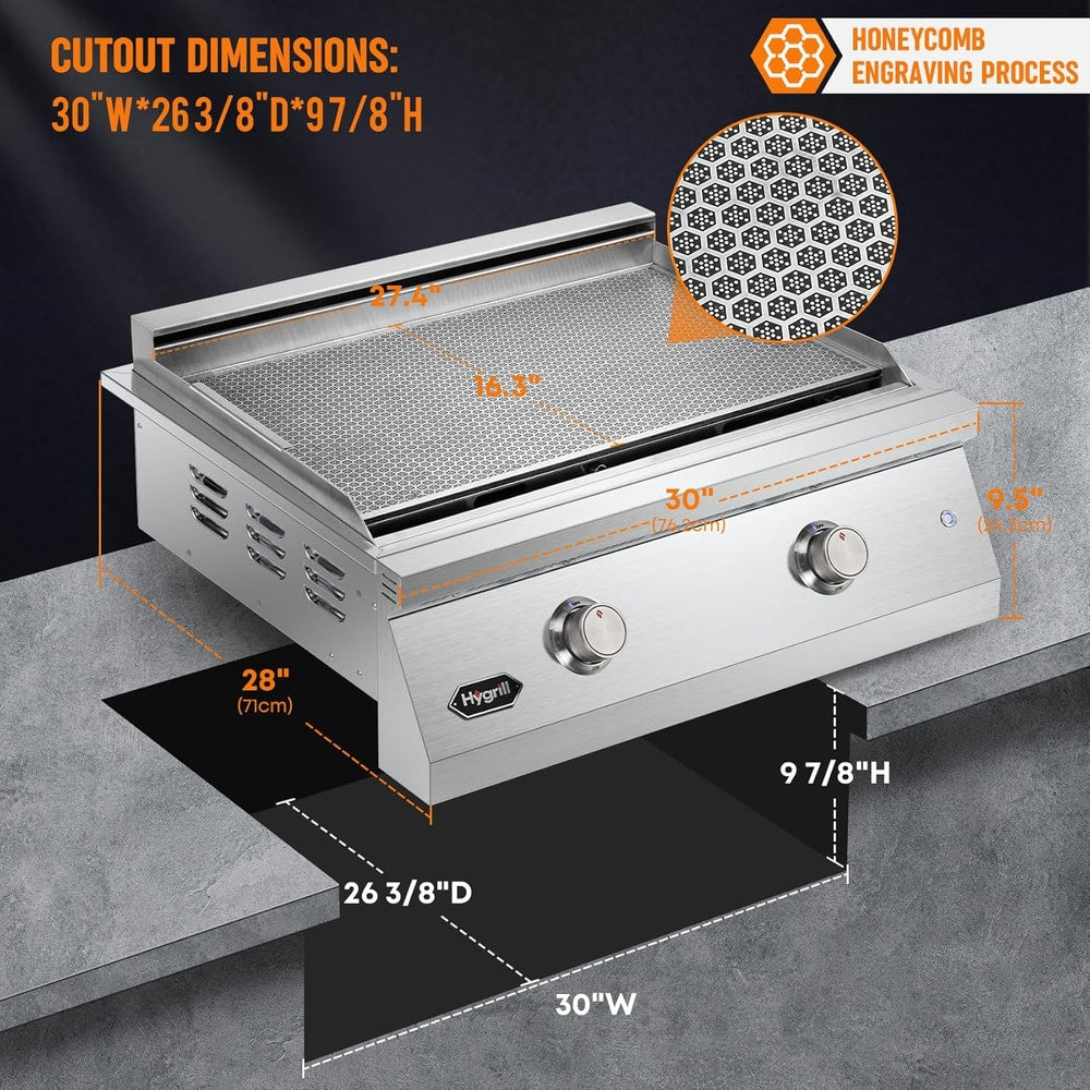 Hygrill 30-Inch Premium Built-In Natural Gas Griddle for Outdoor Kitchen, Durable 304 Stainless Steel 2-Burner Flat Top Grill with Lid and LED lights