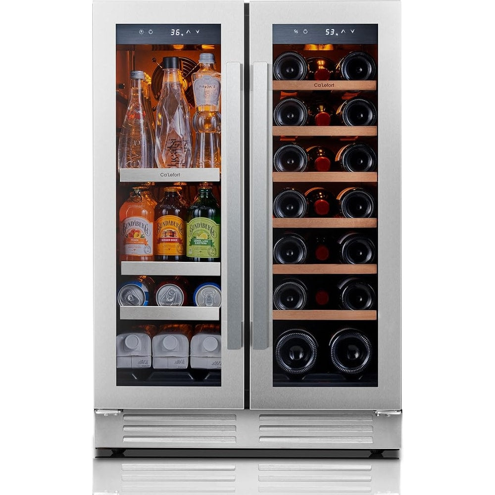 Ca'Lefort 24 Inch Wine and Beverage Refrigerator, 60 Can and 20 Bottle Wine Fridge 36-72°F, 3 LED Dual Zone Wine Cooler with Glass Door, Built-in Compressor Refrigerator for Home/Kitchen (4.10 cu.ft)