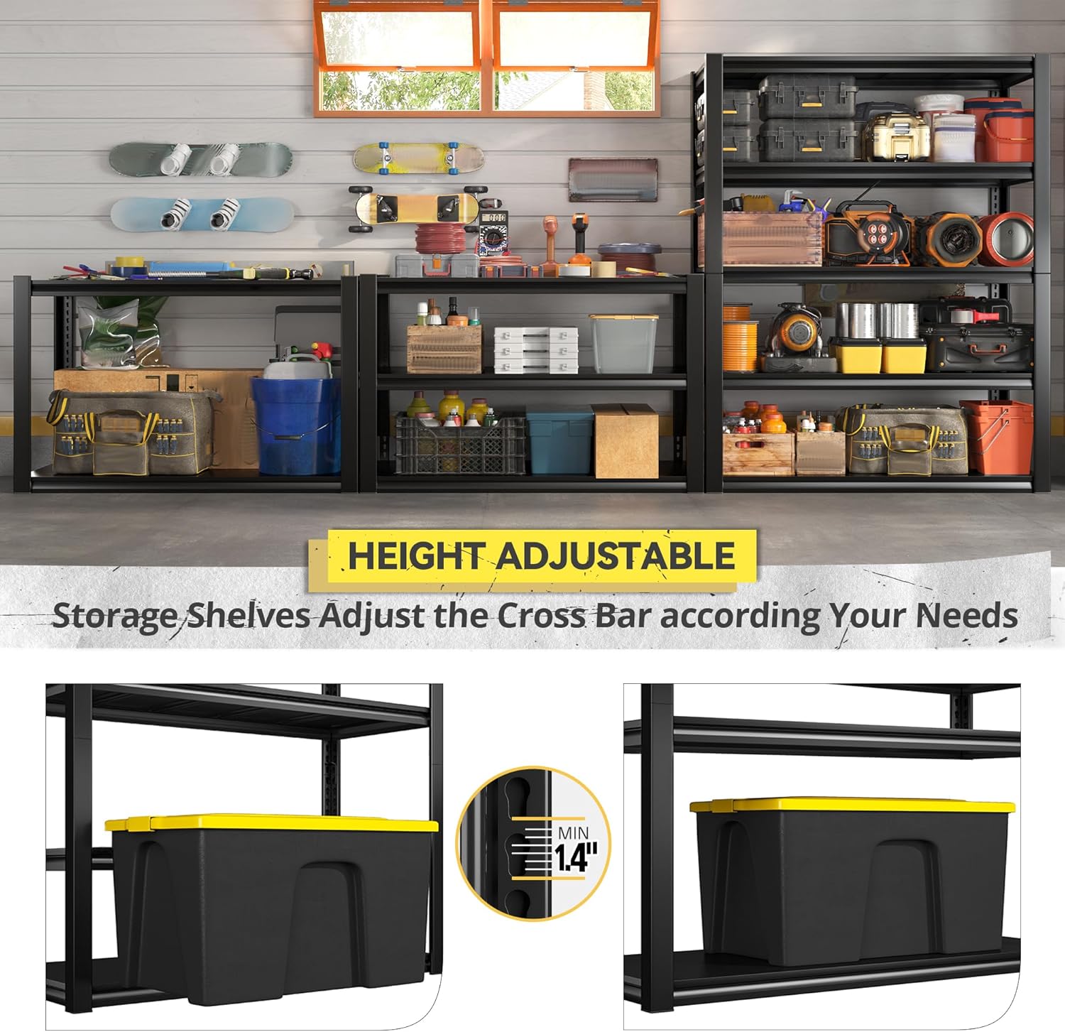REIBII Garage Shelving Heavy Duty Storage Shelves, Extra Large Adjustable Storage Rack with 5 Tier Metal Shelving Unit, 2500LBS Loads Heavy Duty Shelf, Easy Assembly, 4 Pack