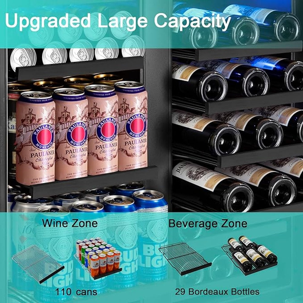 30 Inch Wine and Beverage Refrigerator, Upgrade Dual Zone Wine Cooler, 30'' Wine beverage Fridge Built in or Freestanding Under Counter Large Capacity Glass Door Advanced Cooling System,Black
