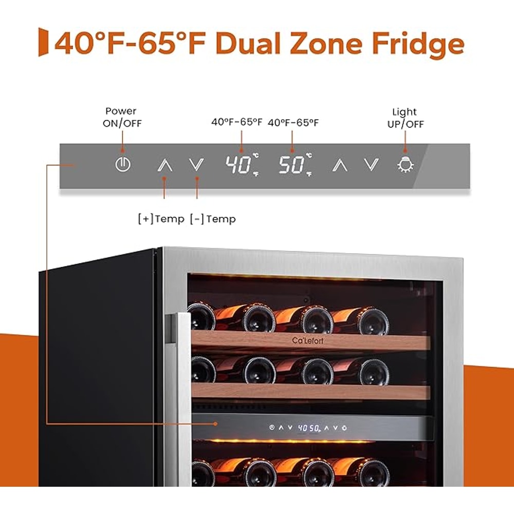 Ca'Lefort Wine Fridge & Cooler - 24 Inch 46 Bottle Wine Cooler Refrigerator, 40-65°F Dual Zone Wine Refrigerator Glass Door, 3 LED Built-in or Freestanding Fridge for Home/Bar/Kitchen (5.65 cu.ft)