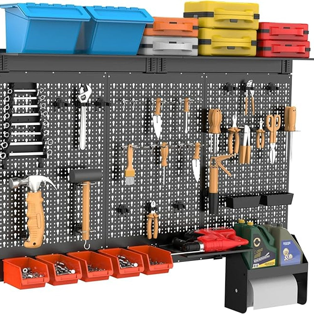 TORACK Metal Pegboard Wall Organizer 4ft Wide, Tool Storage Pegboard System for Garage with Accessories, Wall Mount Storage Bins, Shelves, Peg board Tool Organizer Kit for Workbench(Black)