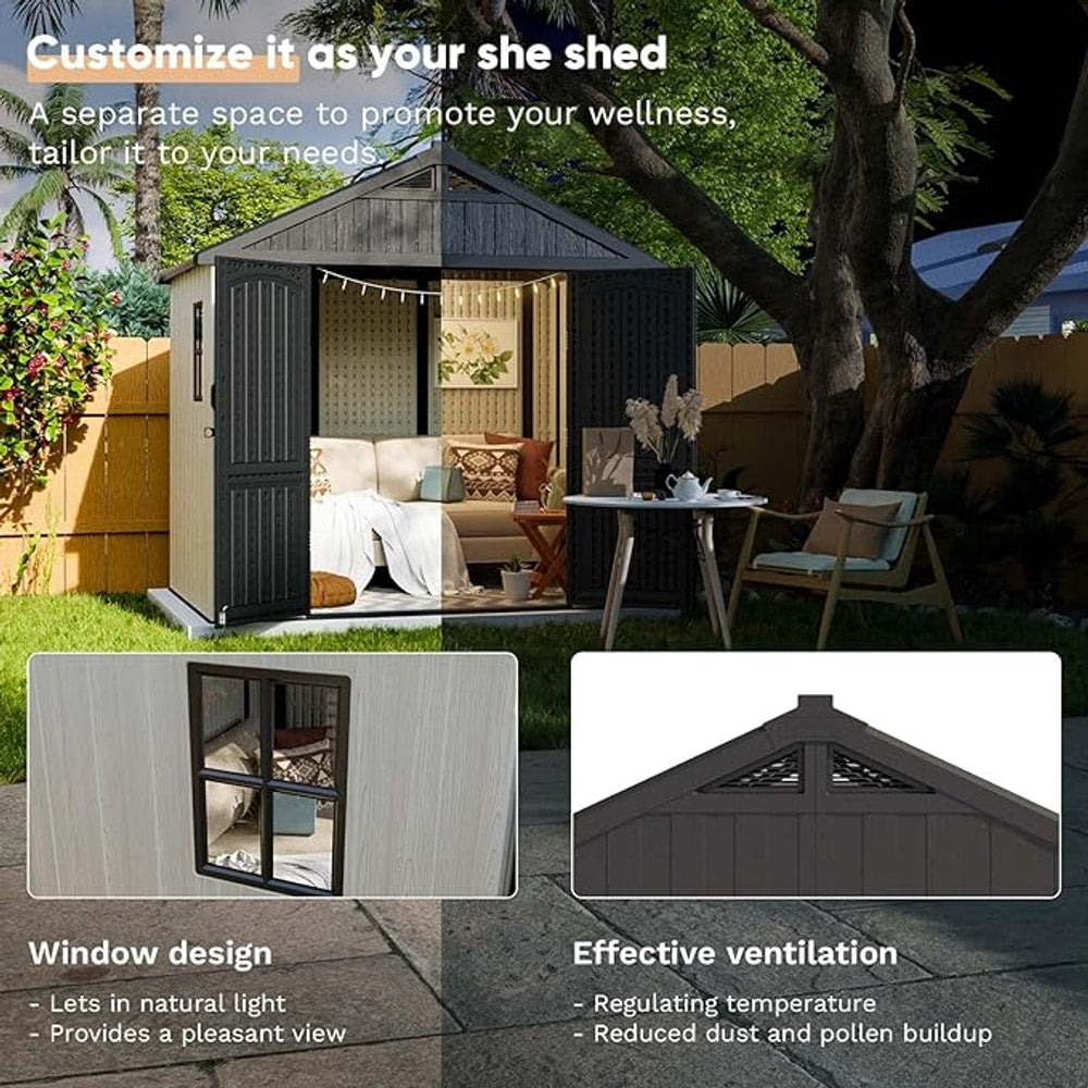 Patiowell 8 x 6 FT Plastic Outdoor Storage Shed with Floor, Resin Shed with Window and Lockable Door for Garden, Backyard, Tool Storage Use, Easy to Install in Beige (Kick-it Shed)