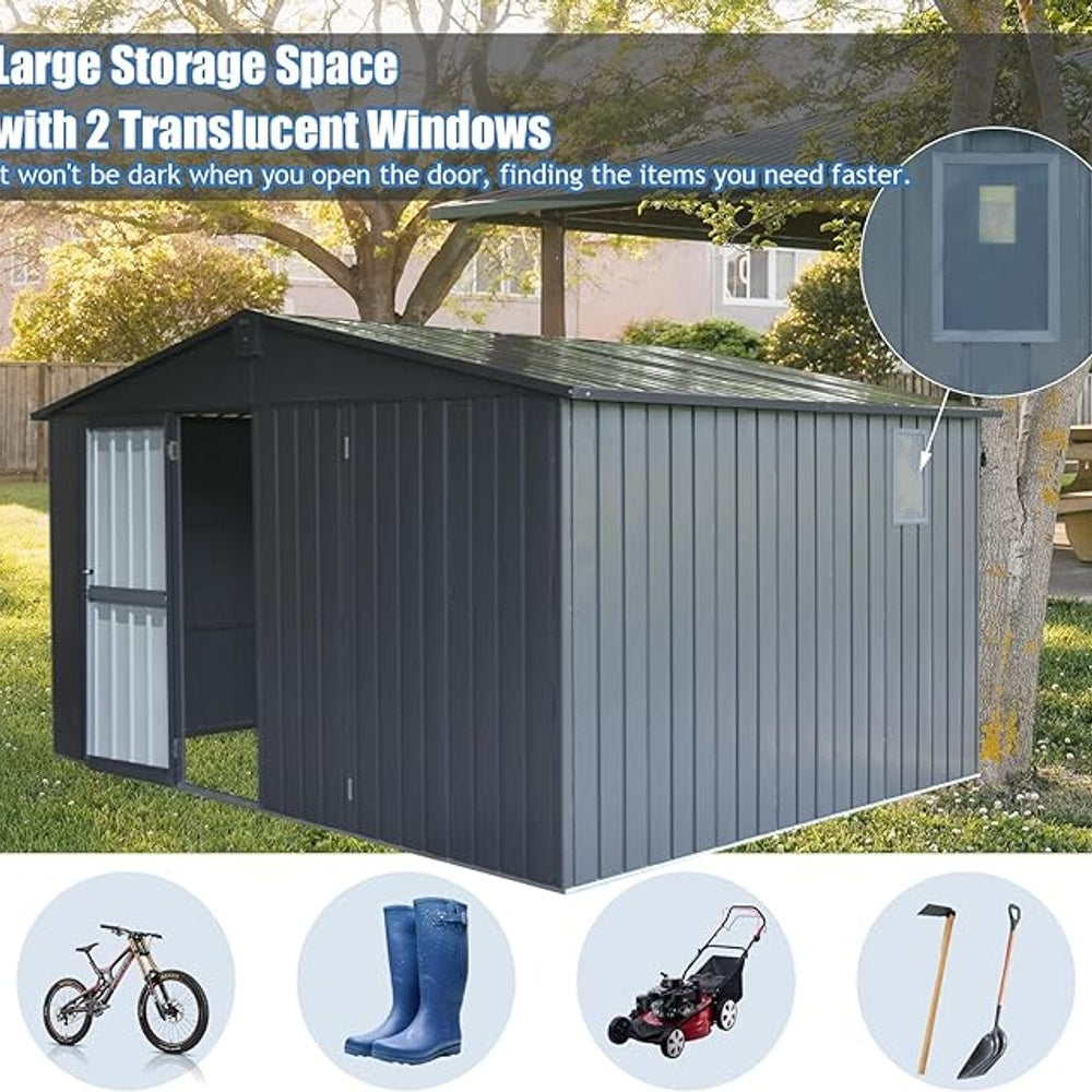 Domi Backyard Storage Shed 11’ x 12.5’ with Galvanized Steel Frame & Windows, Outdoor Garden Shed Metal Utility Tool Storage Room with Lockable Door for Patio(Dark Gray)
