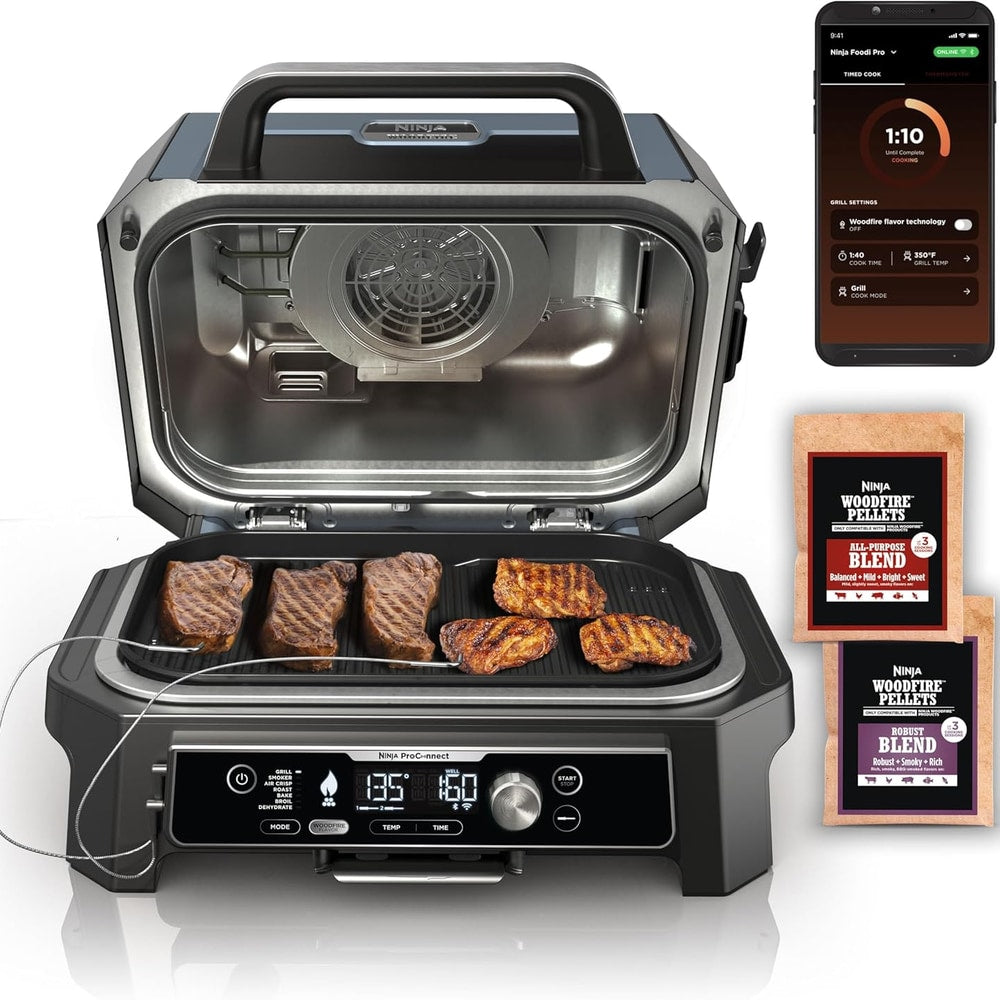 Ninja OG951 Woodfire Pro Connect Premium XL Outdoor Grill & Smoker, Bluetooth, App Enabled, 7-in-1 Master Grill, BBQ Smoker, Outdoor Air Fryer, Woodfire Technology, 2 Built-In Thermometers, Black