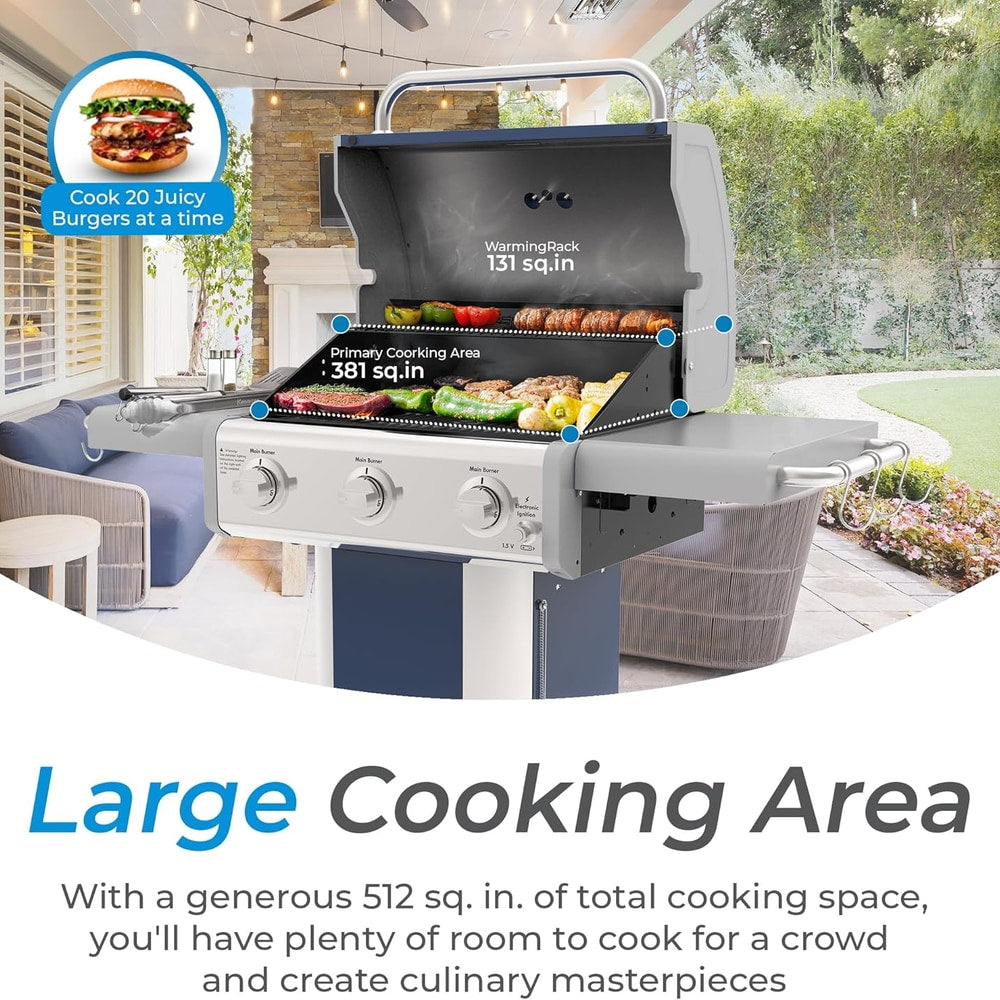 Kenmore 3-Burner Propane BBQ Grill, 30,000 BTUs Gas Grill with Cast Iron Cooking Grates, Folding Side Tables & Wheels, Outdoor Grill with Tool Hooks, Azure Blue + Bonus Cover