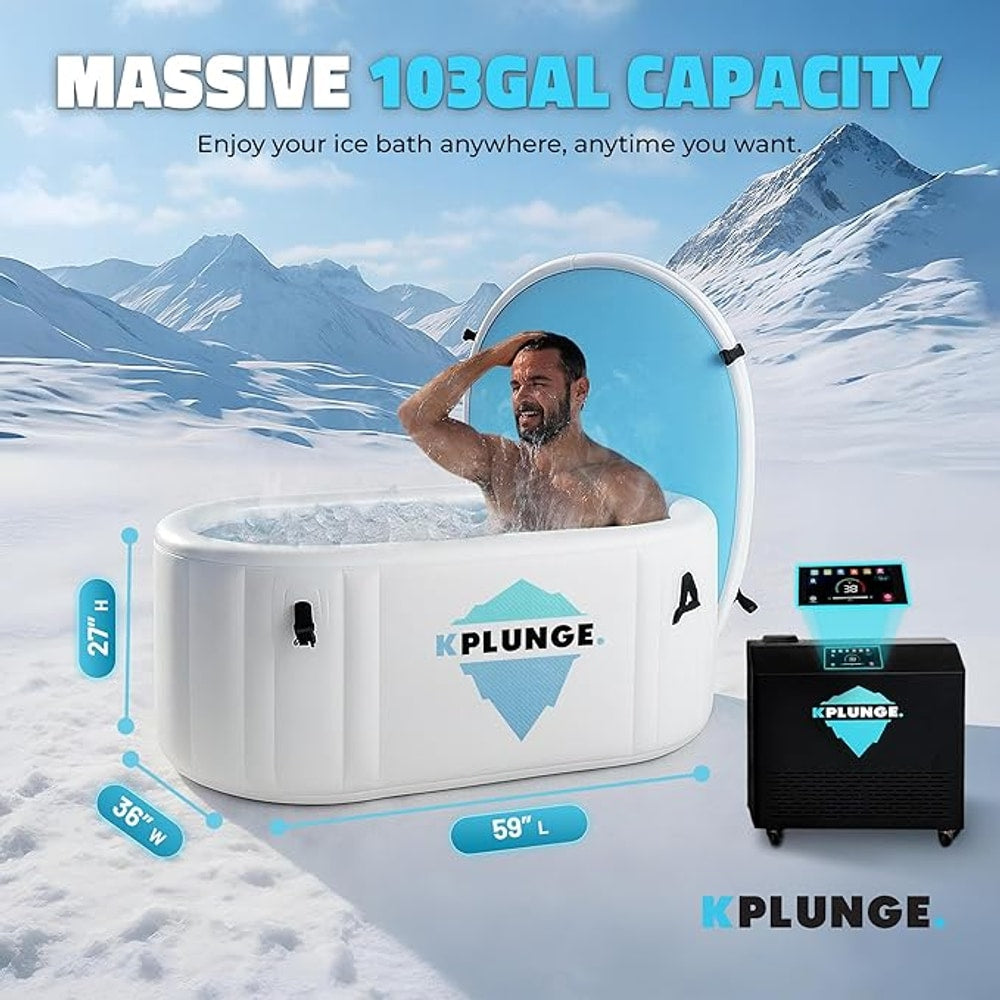 Kodiak 59" 1-Person Inflatable Cold Plunge Ice Bath or Hot Tub with 3/4 HP Chiller and Heater, PVC Insulated Lid, Hand Pump, Repair Kit, 110-Gallon Capacity, Indoor/Outdoor Tub – Gray
