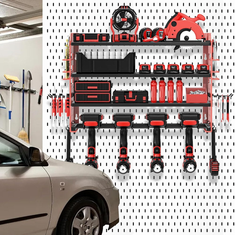 Power Tool Organizer Wall Mount, Red Metal Power Tool Storage Rack with Screwdriver Holder, Garage Tool Storage Shelves with Screwdriver Holder Plier Holder (Red, 4 Drills Holder)
