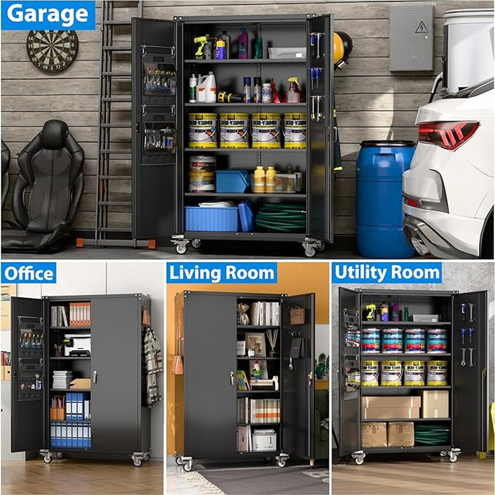 Upgraded Wide & Deep Extra Large Metal Storage Cabinet on Wheels,Lockable Garage Cabinets with 3 Pegboards,2 Tool Pouches for Garage,Office,Assembly Required,Black,43.3''W x 21.6''D x 72''H