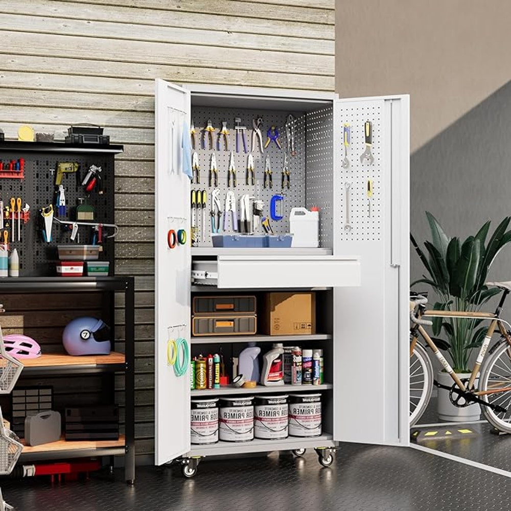 Garage Storage Cabinet with Locking Doors and 2 Adjustable Shelves, 71" H Metal Rolling Tool Storage Cabinet with Wheels, Drawer, Pegboard and 16 Hooks for Garage, Warehouse, White and Gray